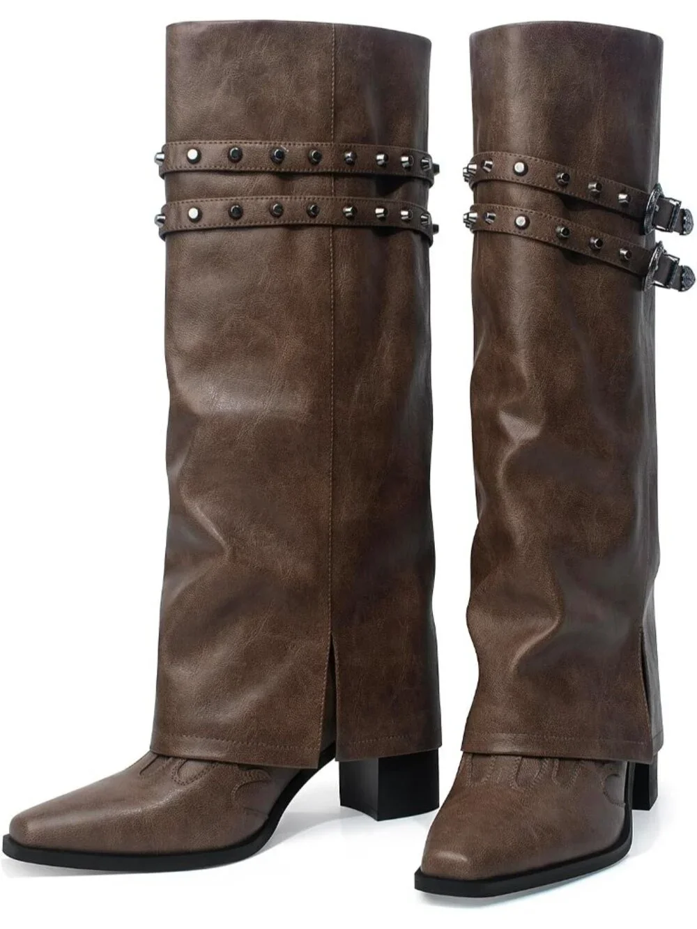 Women's Dark Brown Pointed Toe Block Mid Heel Fold Over Wide Calf Knee High Boot